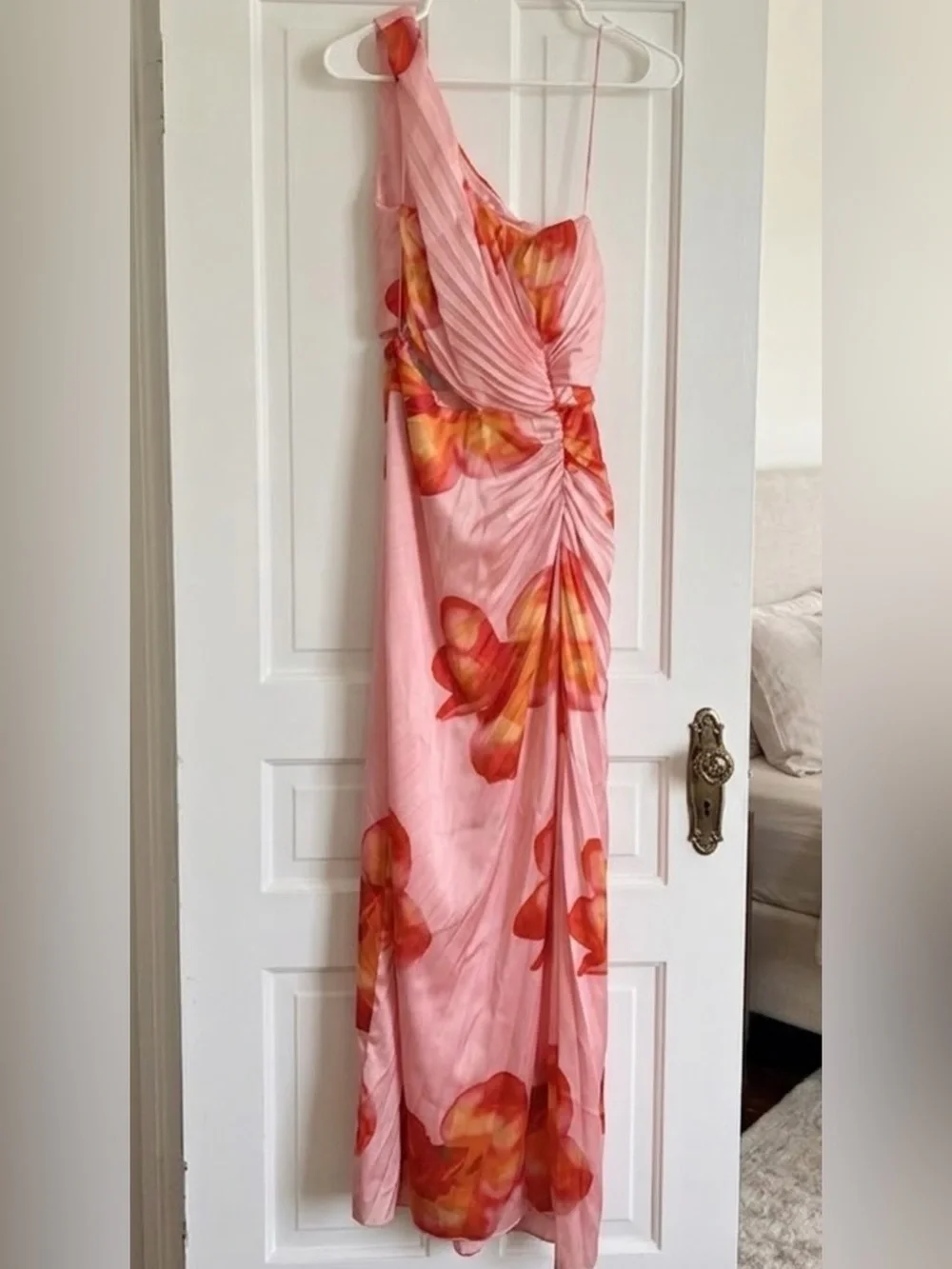 Abercrombie & Fitch Pink One-Shoulder Floral Ruched Maxi Dress
